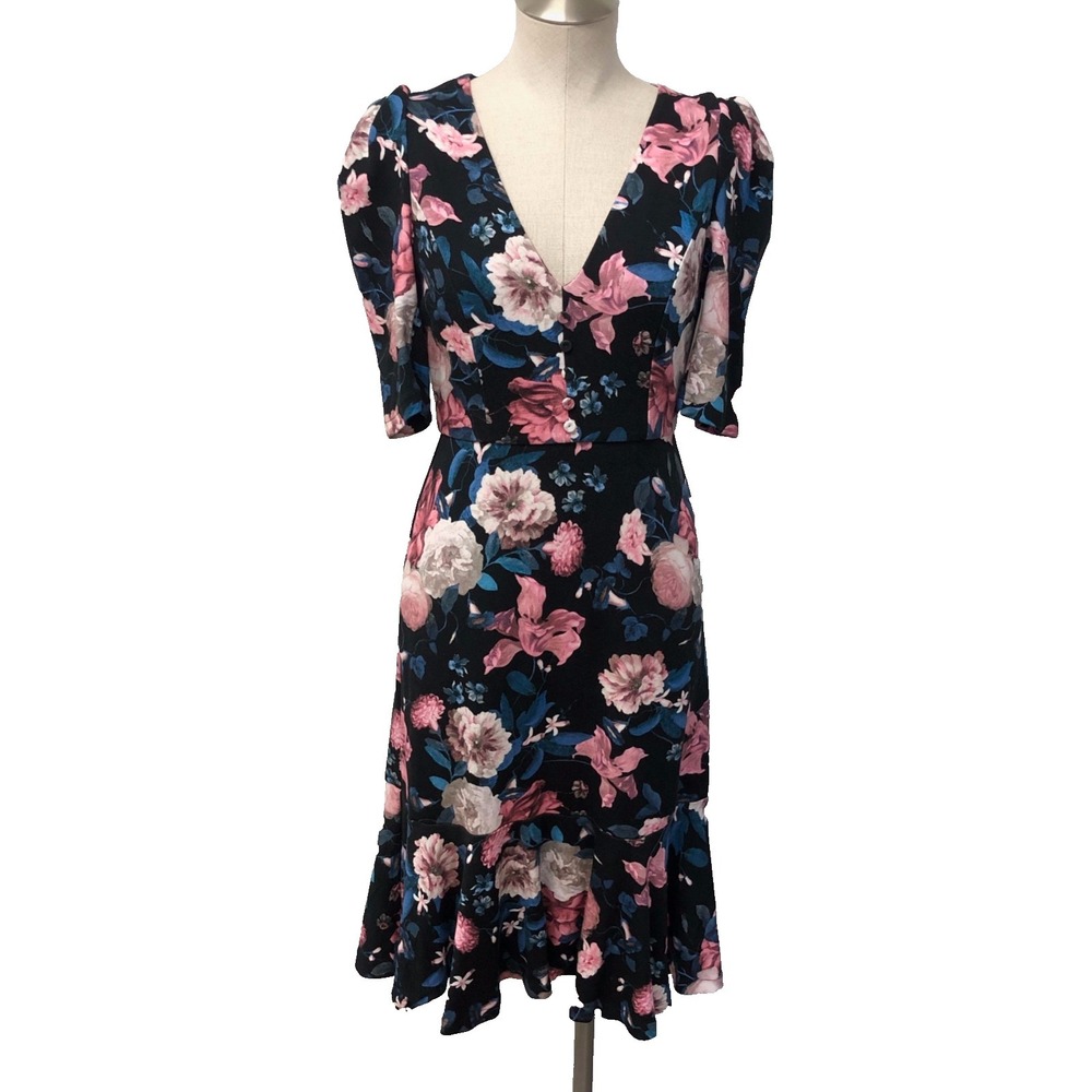 ERDEM Fit And Flare Midi Dress Womens 6 Pink Floral Puff Sleeve V Neck Party